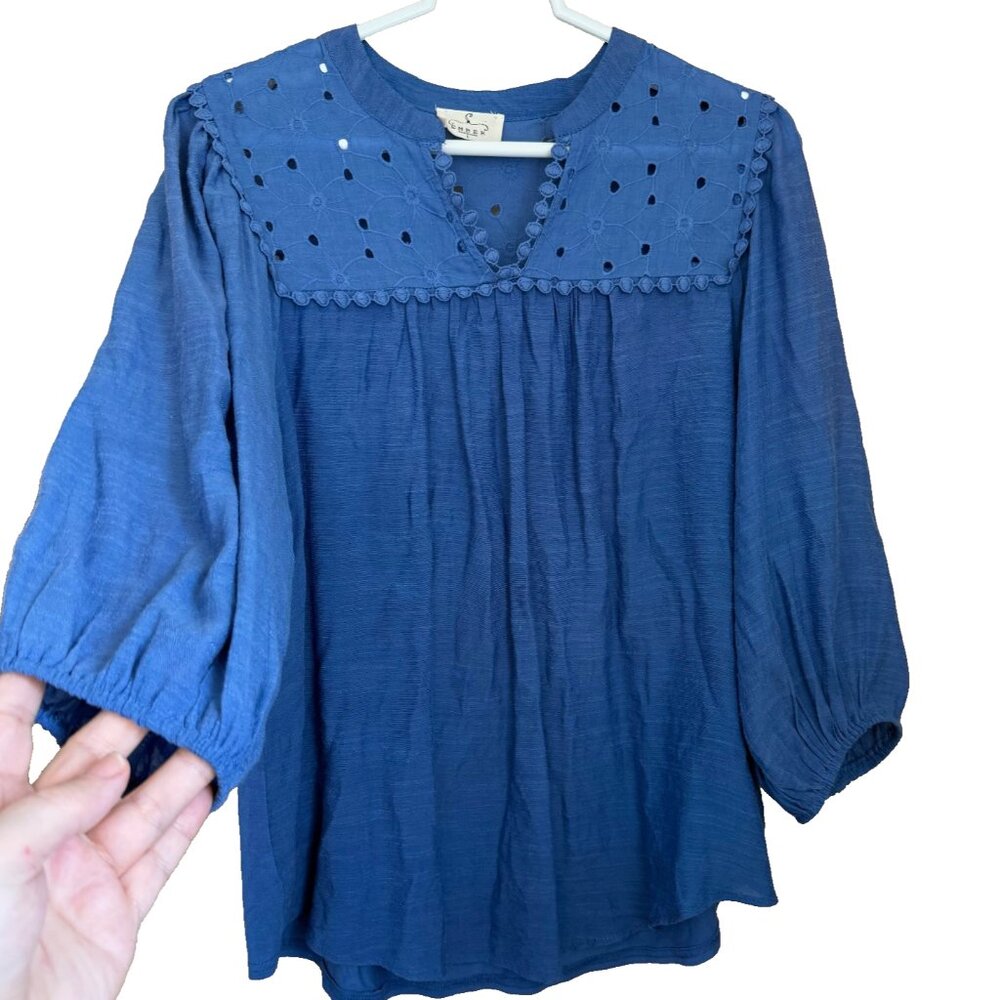 Ember Blue Boho Embroidered Eyelet Top Size L Balloon Sleeves Gauze Cottagecore